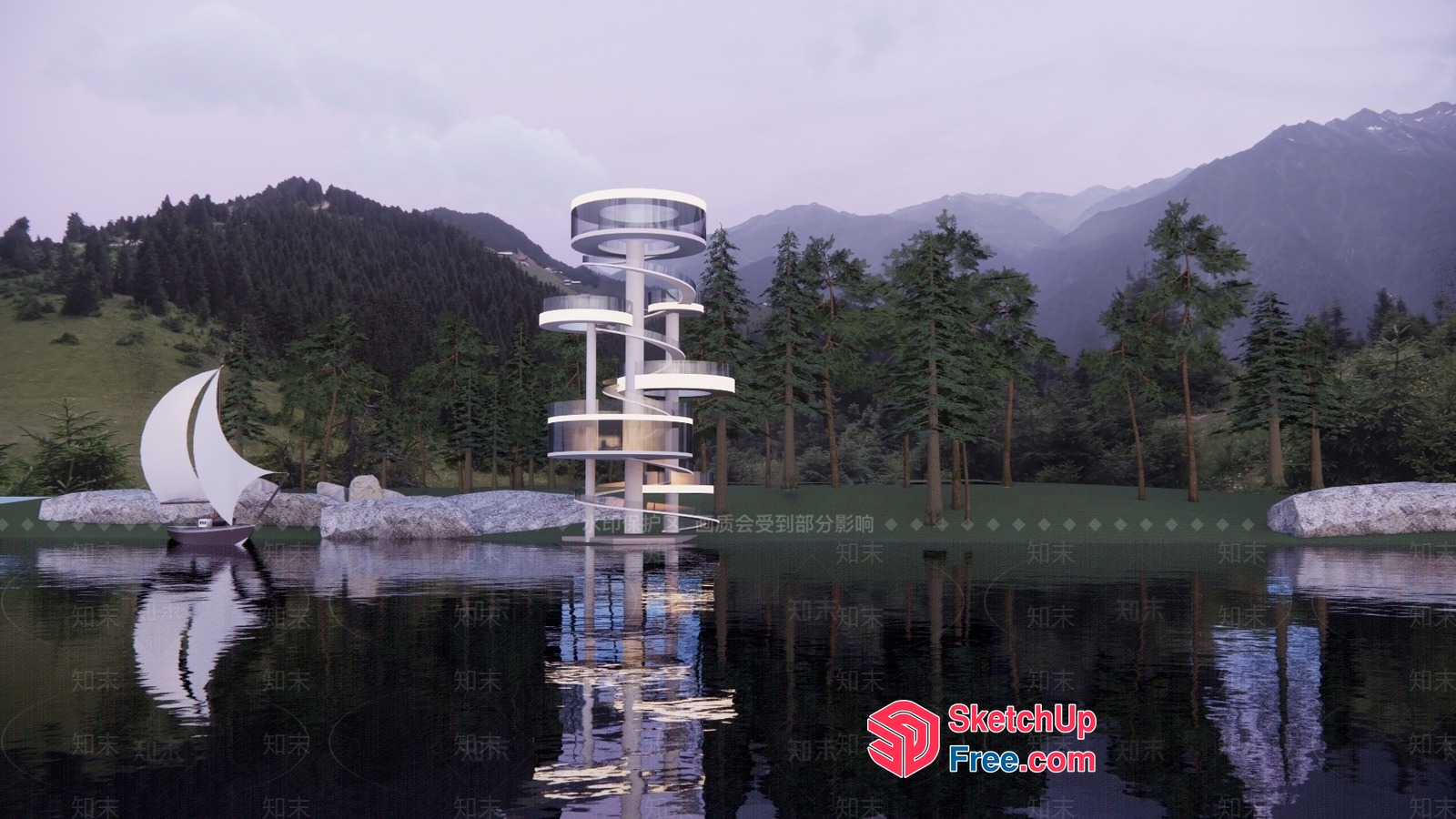 Futuristic Spiral Staircase Tower Over Water 3D SketchUp File