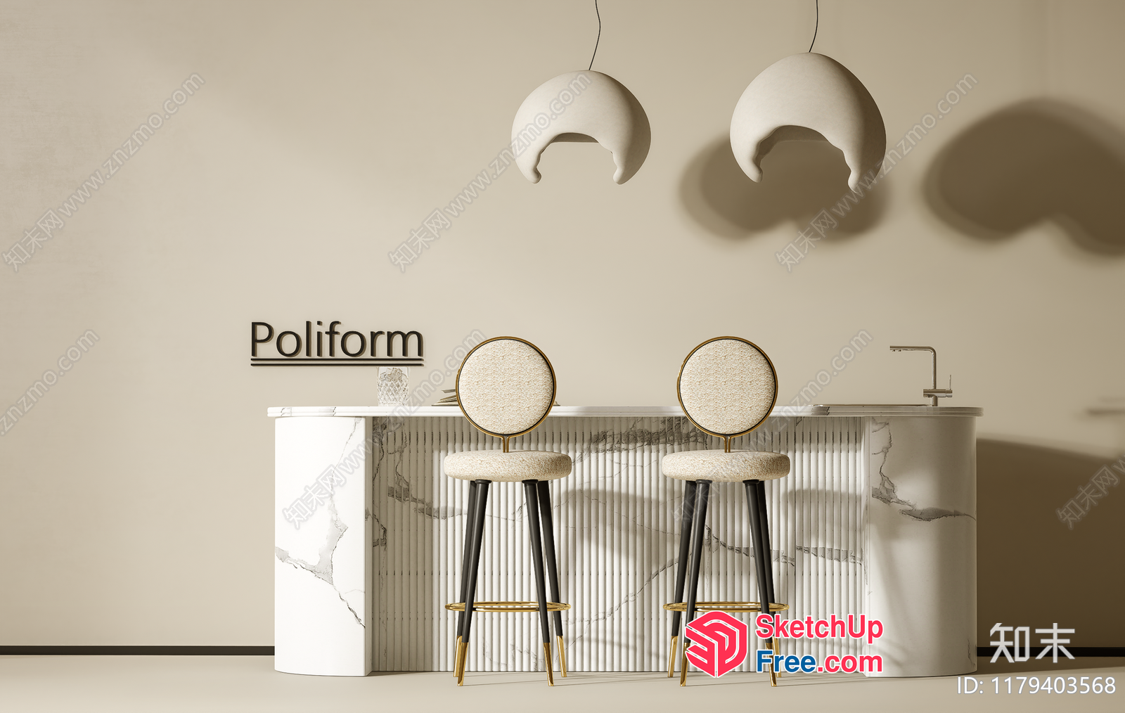 Poliform Modern Minimalist European Style Kitchen Island With Stools 3D SketchUp File