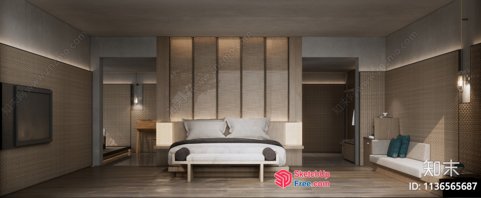 Modern Minimalist Bedroom With Natural Textures And Warm Lighting 3D SketchUp File