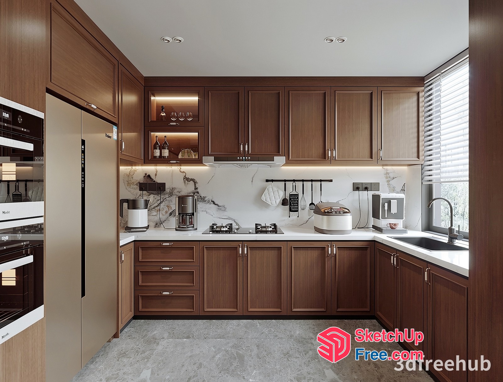 Modern Kitchen With Marble Countertops And Wooden Cabinets 3D SketchUp File