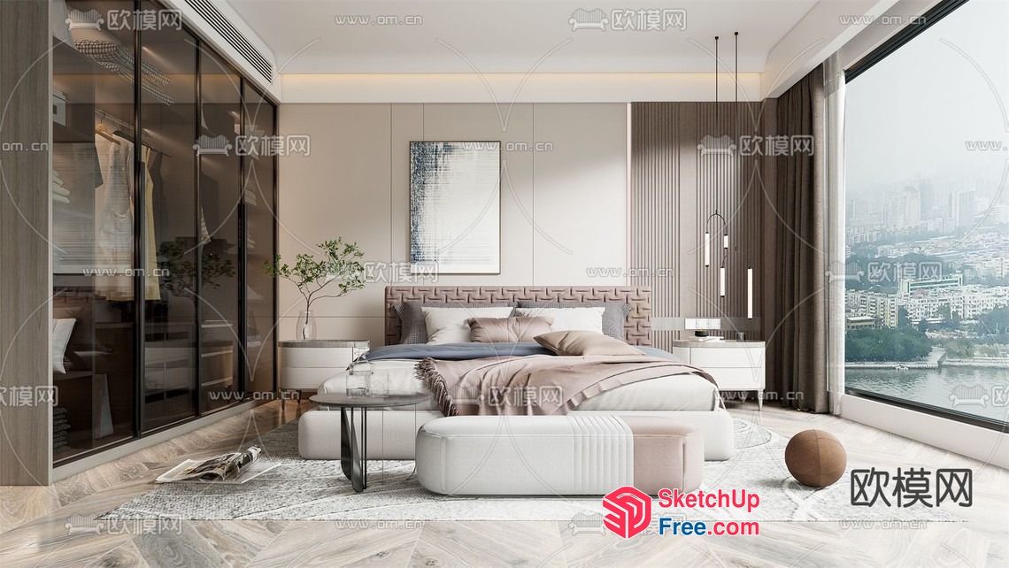 Elegant Modern Bedroom With City View 3D SketchUp File