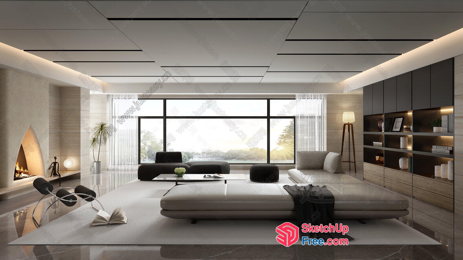 Modern Minimalist Interior Design With Large Windows And Fireplace 3D SketchUp File