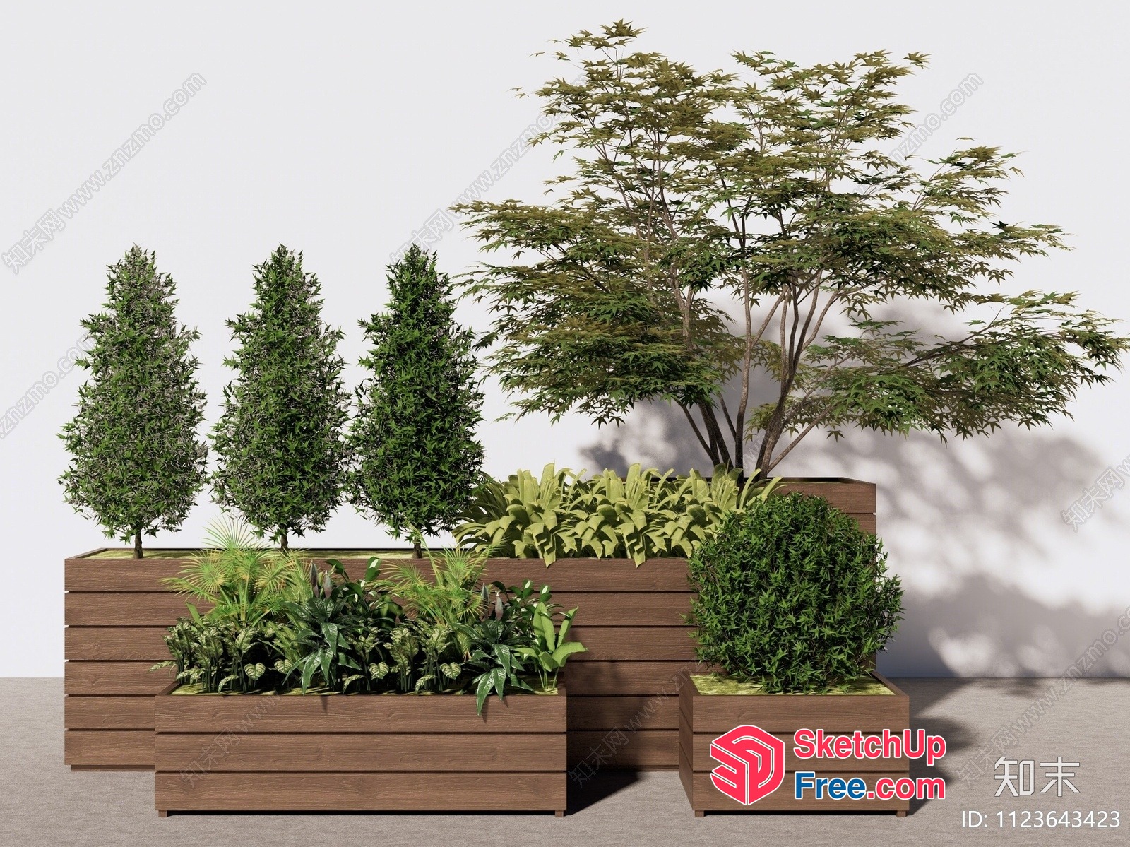 Outdoor Wooden Planter Boxes With Various Plants 3D SketchUp File