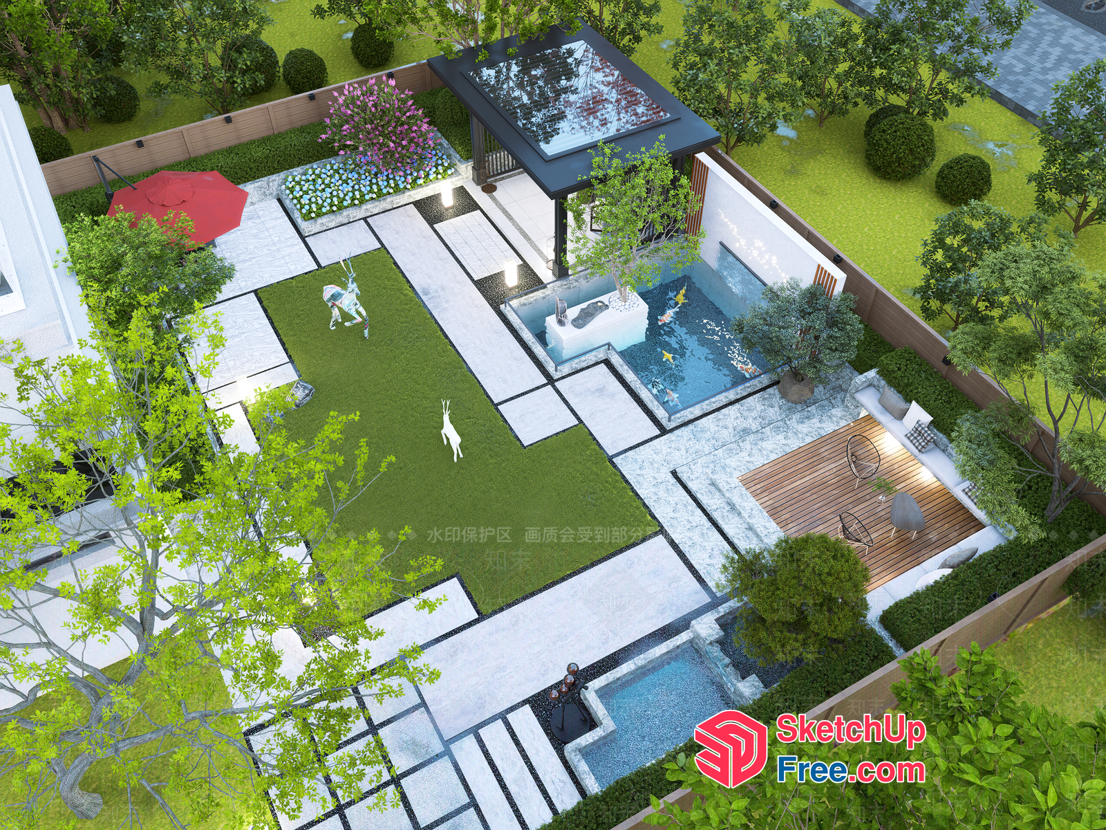 Aerial View Of A Modern Villa With A Pool And Garden 3D SketchUp File