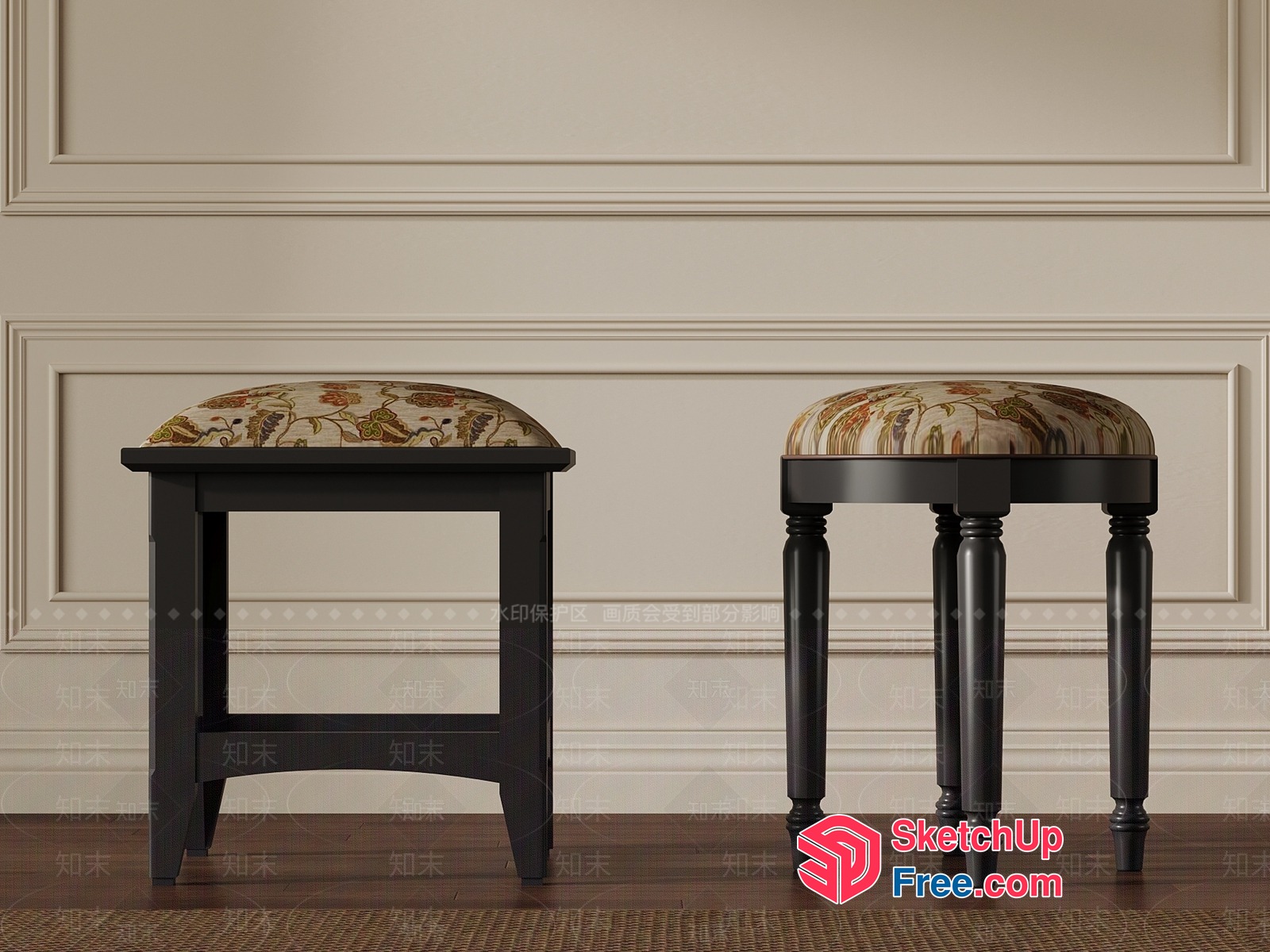 Elegant Floral Patterned Stools 3D SketchUp File