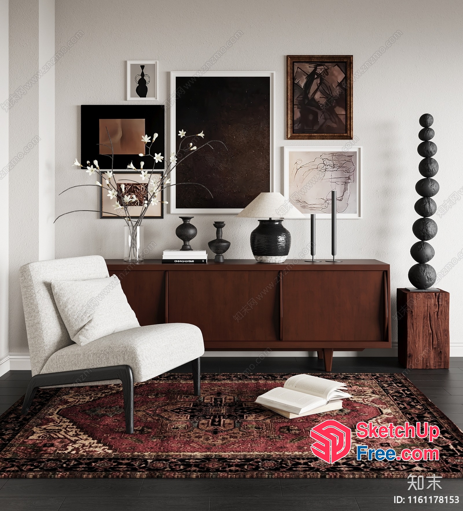 Muted Color Scheme Living Room With Mid-Century Furniture 3D SketchUp File