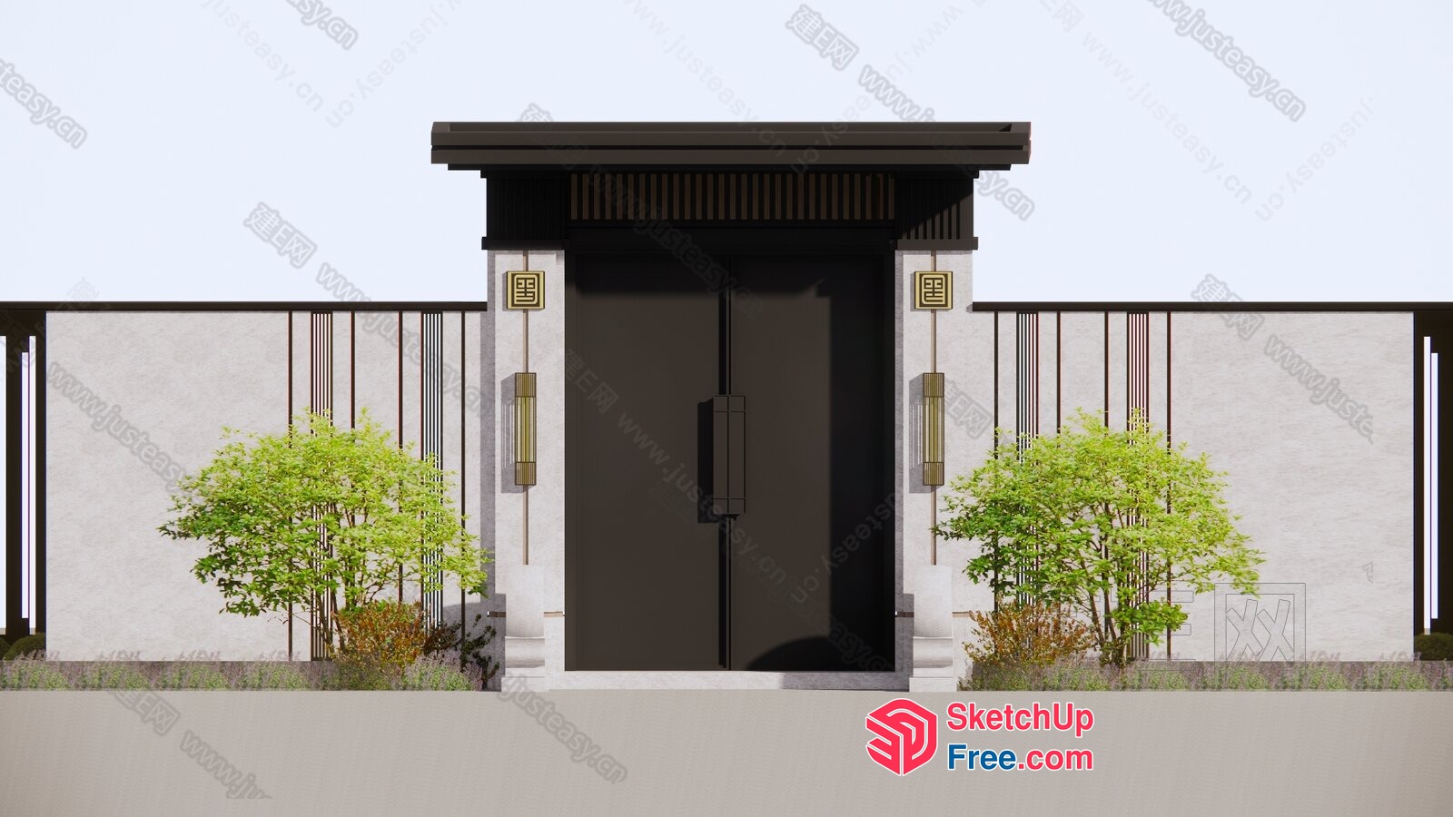 Asian-Inspired Entryway With Elegant Pillars And Lanterns 3D SketchUp File