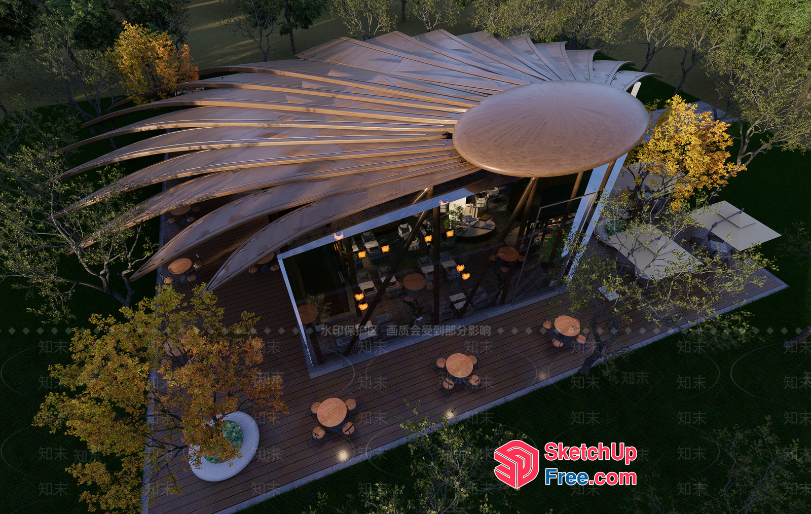 Modern Outdoor Restaurant With Unique Roof Design 3D SketchUp File