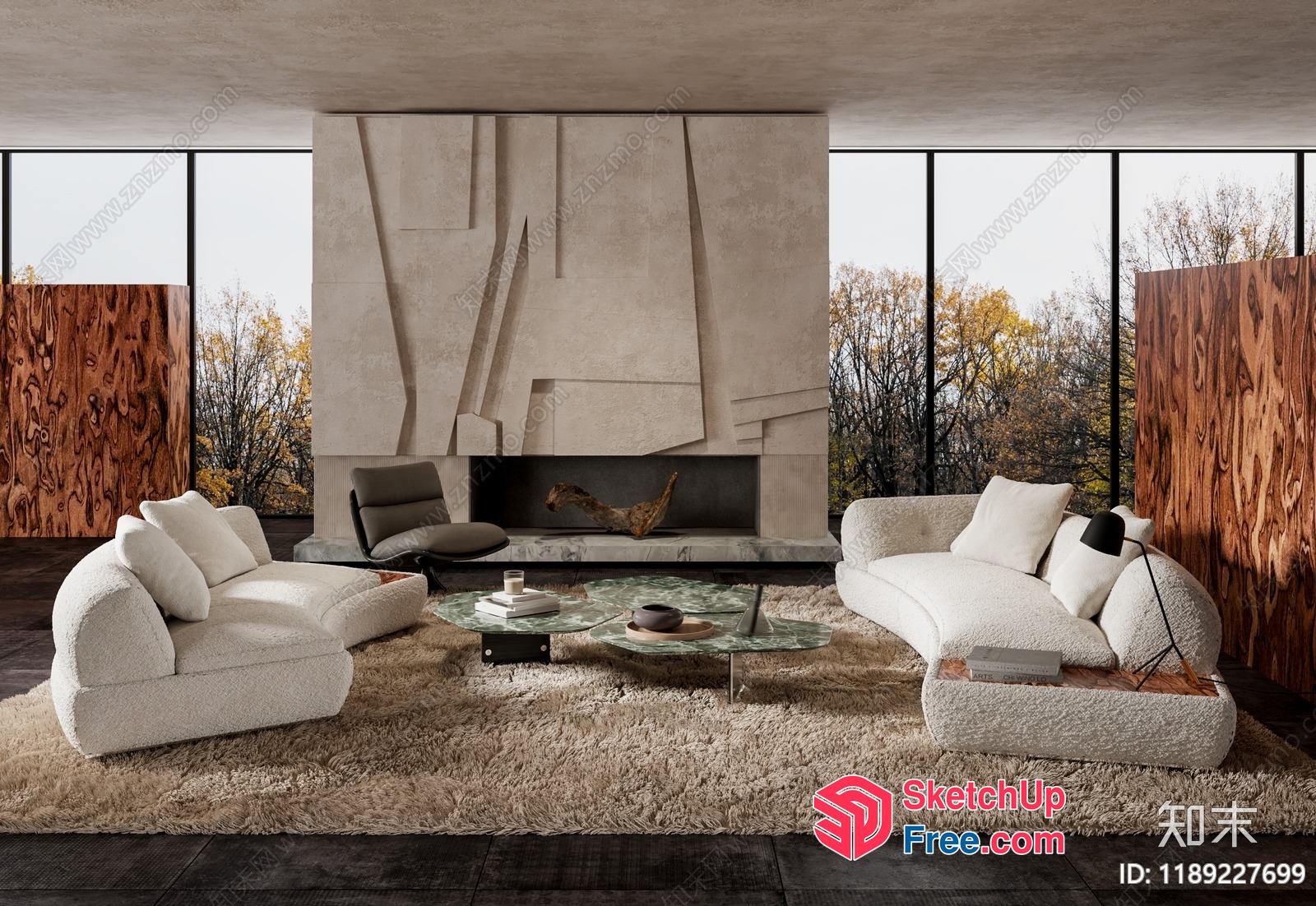 Minimalist Style Living Room With White Furniture And Fireplace 3D SketchUp File