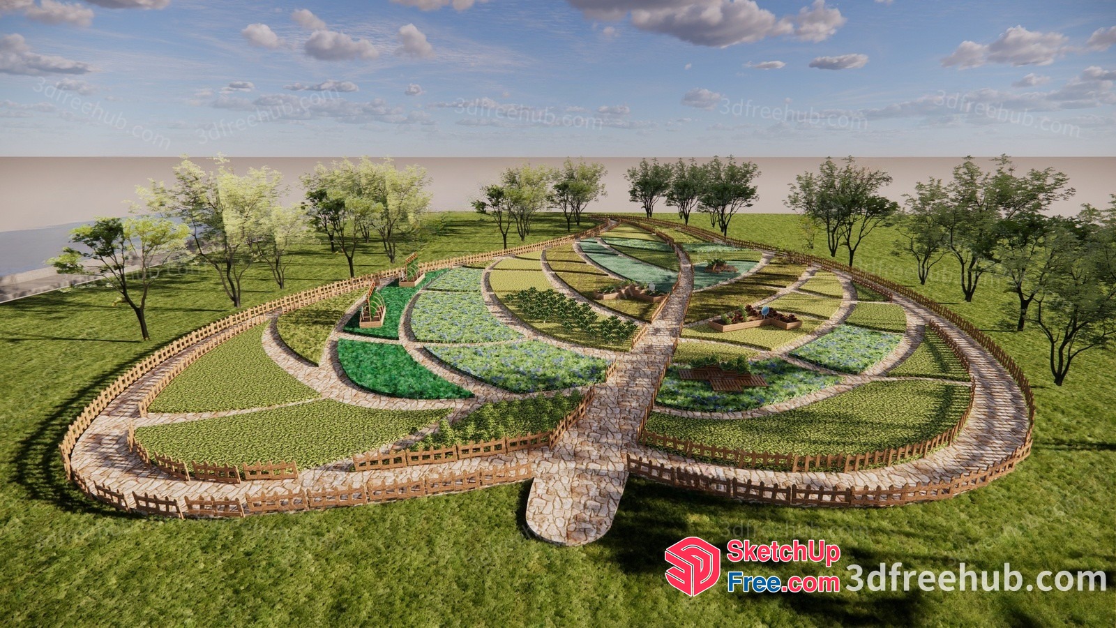Serene Green Oasis With Stone Pathway And Gardens 3D SketchUp File