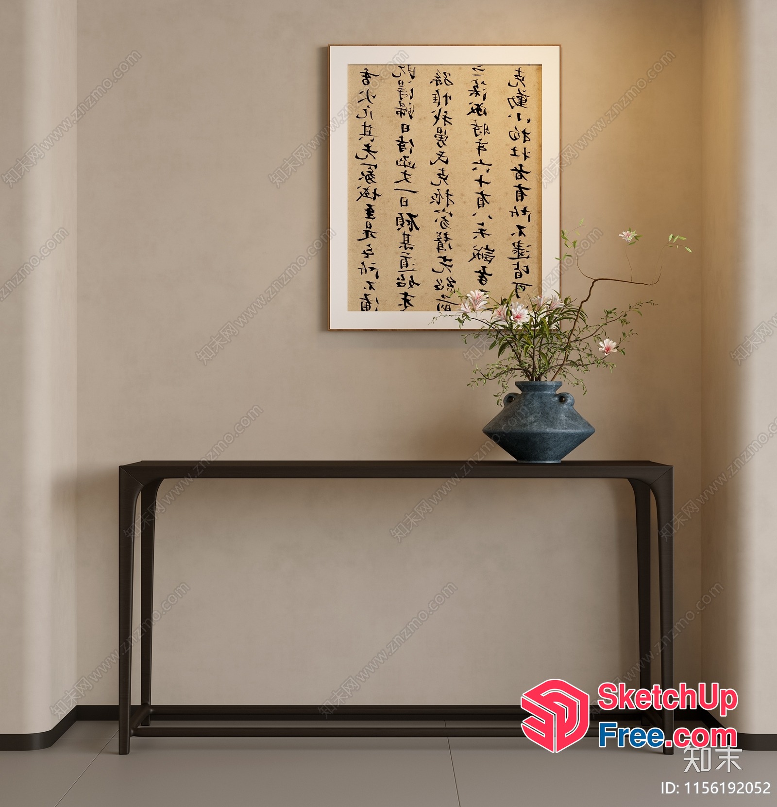 Minimalist Japanese Style Living Room With Elegant Console Table And Calligraphy Art 3D SketchUp File