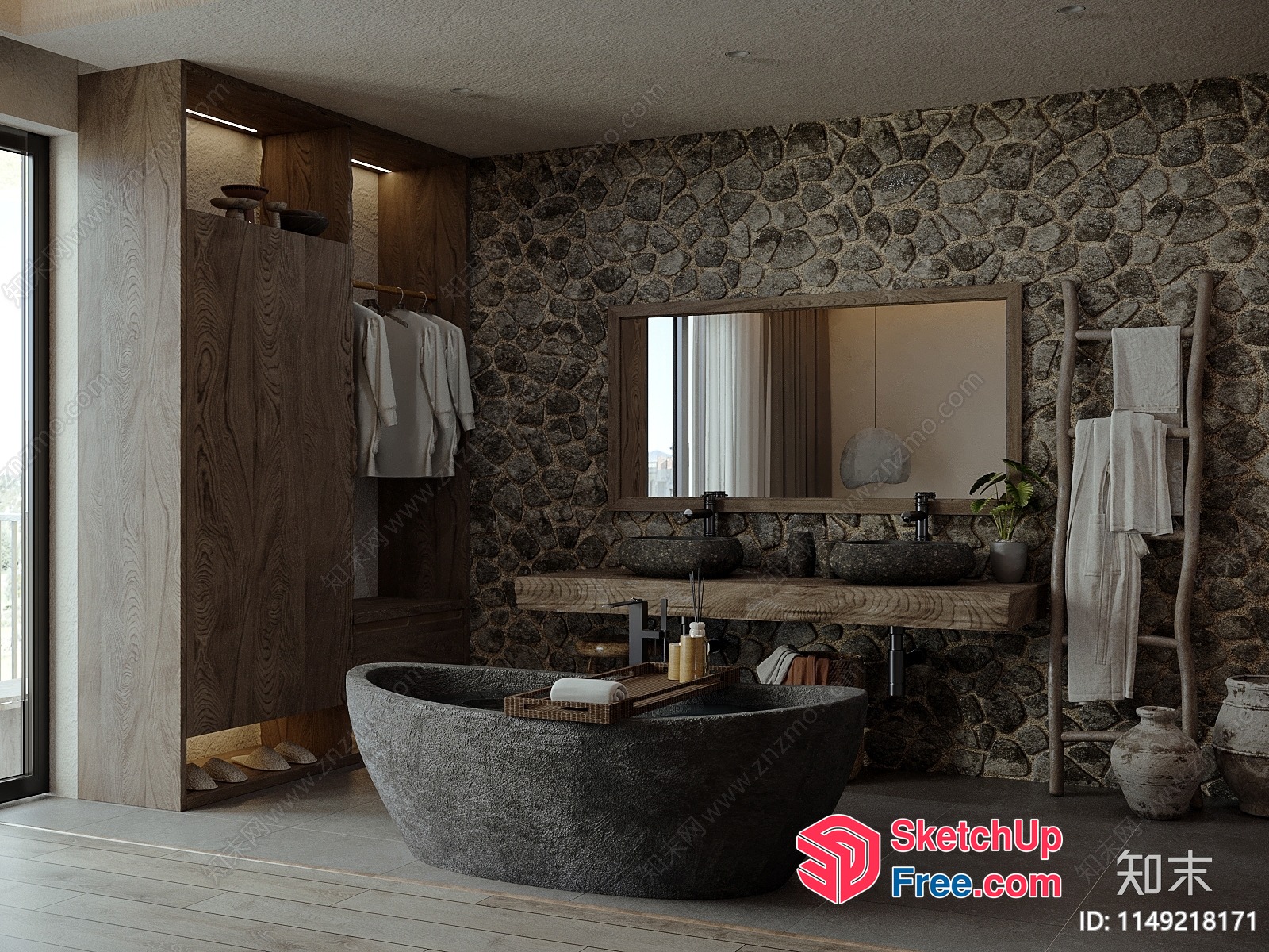 Natural Stone And Wood Bathroom With Unique Bathtub 3D SketchUp File