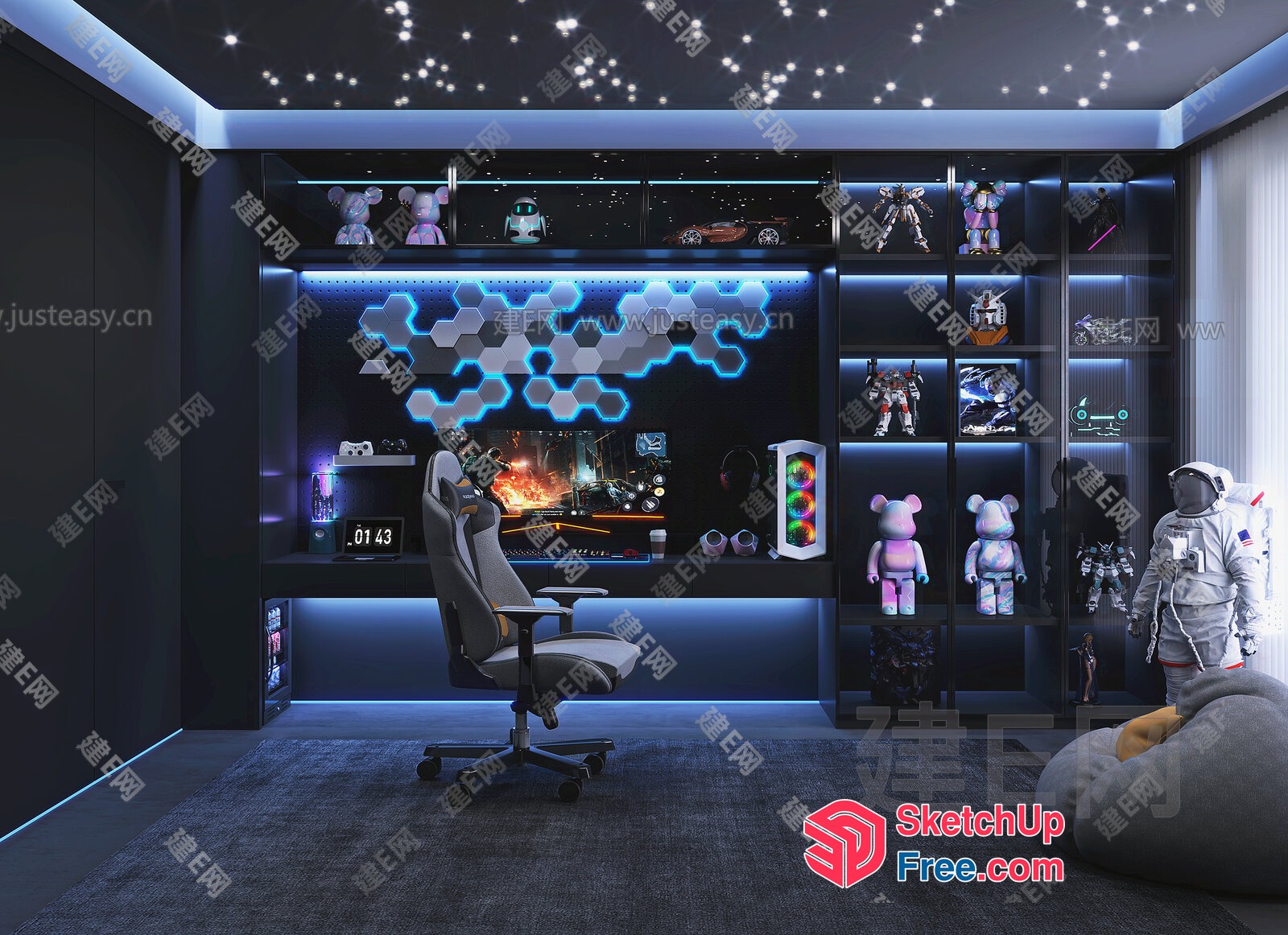 Futuristic Space-Themed Room With Astronaut And Space Capsule 3D SketchUp File