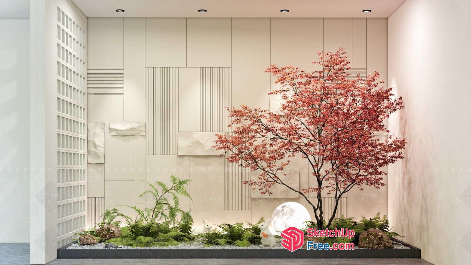 Japanese Style Garden Interior With Tree And Rabbit Decorations 3D SketchUp File