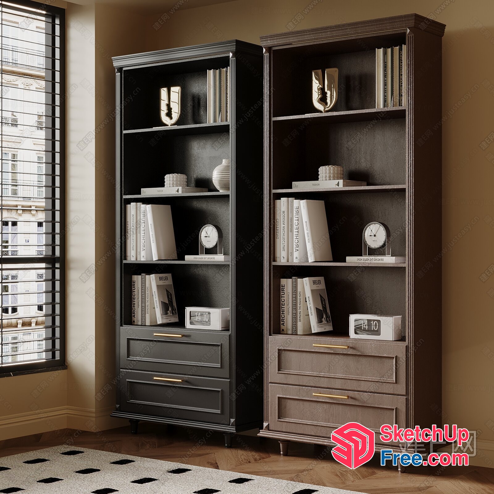 Modern Bookcase With Decorative Shelving And Storage 3D SketchUp File