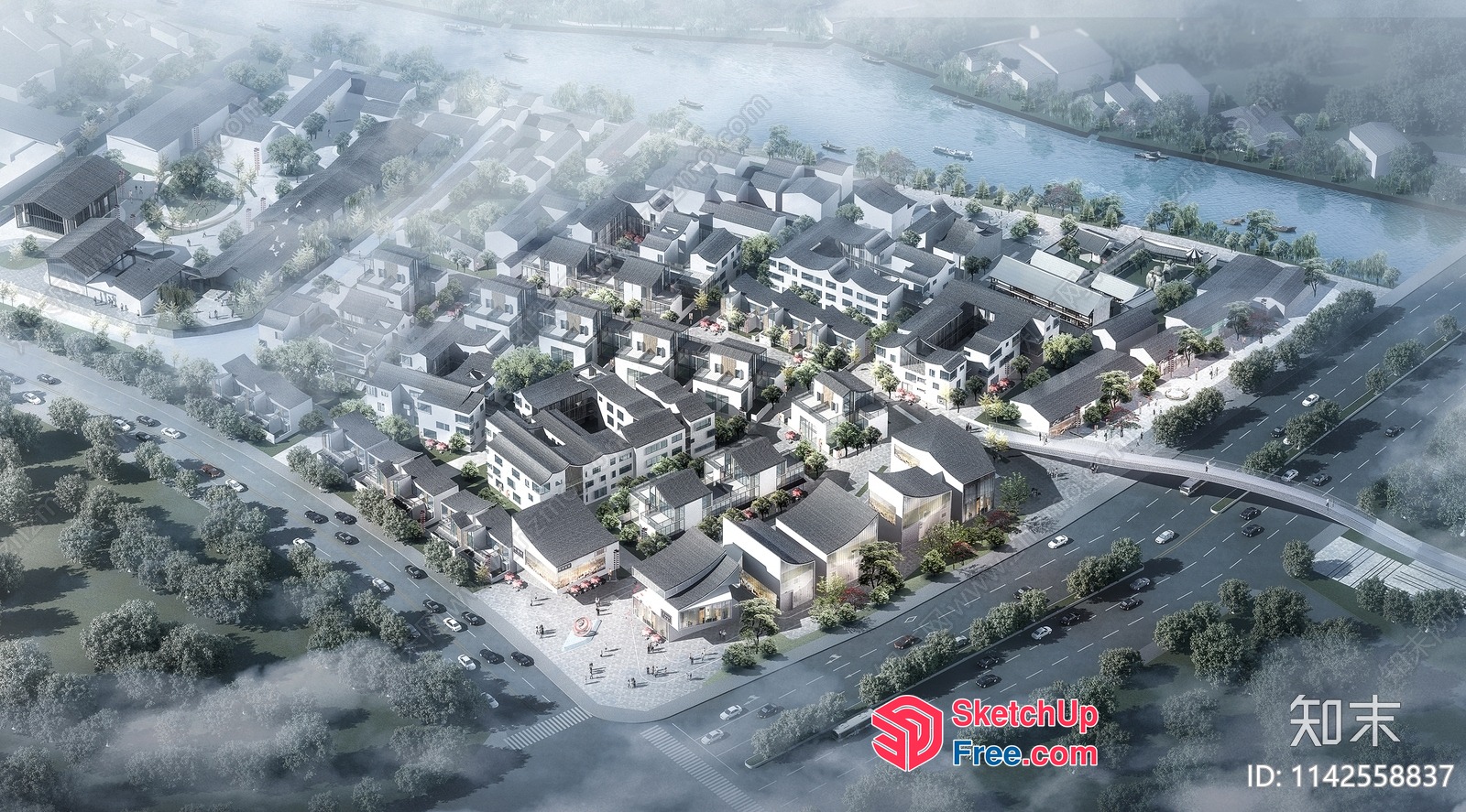 Aerial View Of A Town With Buildings, Road, And River 3D SketchUp File