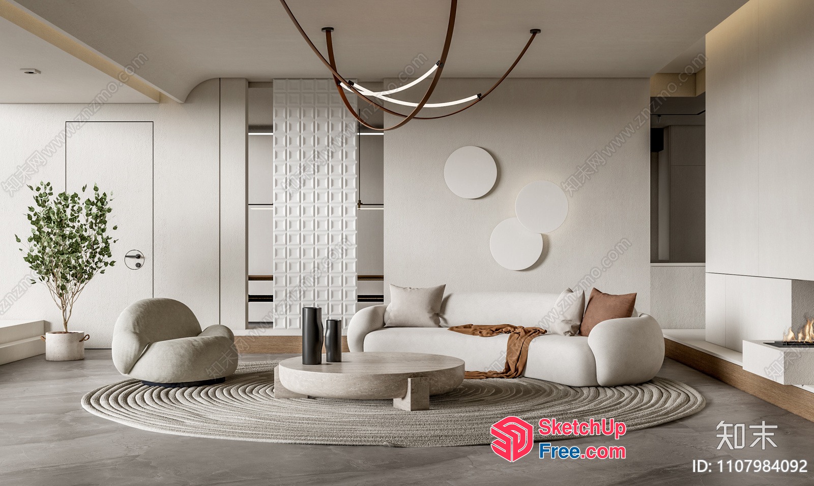 Minimalist Modern Living Room With White Sofa And Round Coffee Table 3D SketchUp File