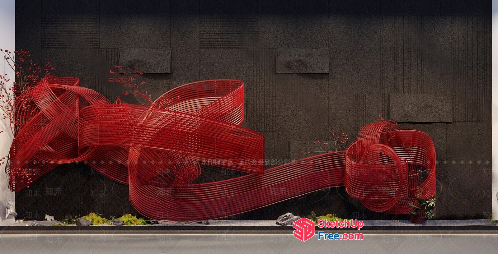 Red Abstract Wire Sculpture In Front Of Dark Wall 3D SketchUp File
