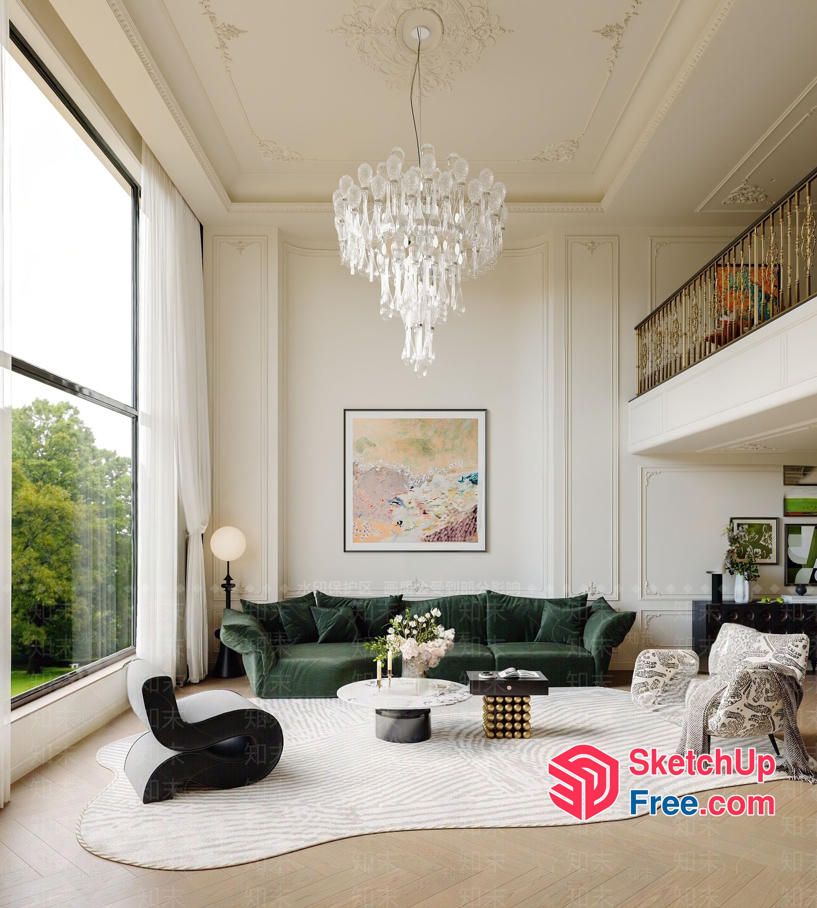 Luxurious White And Green Living Room With High Ceiling 3D SketchUp File