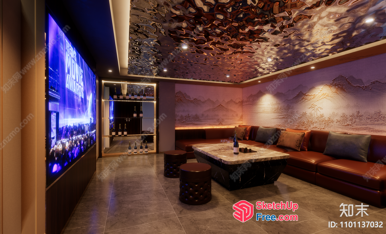 Luxurious Lounge With Marble Table And Leather Couch 3D SketchUp File