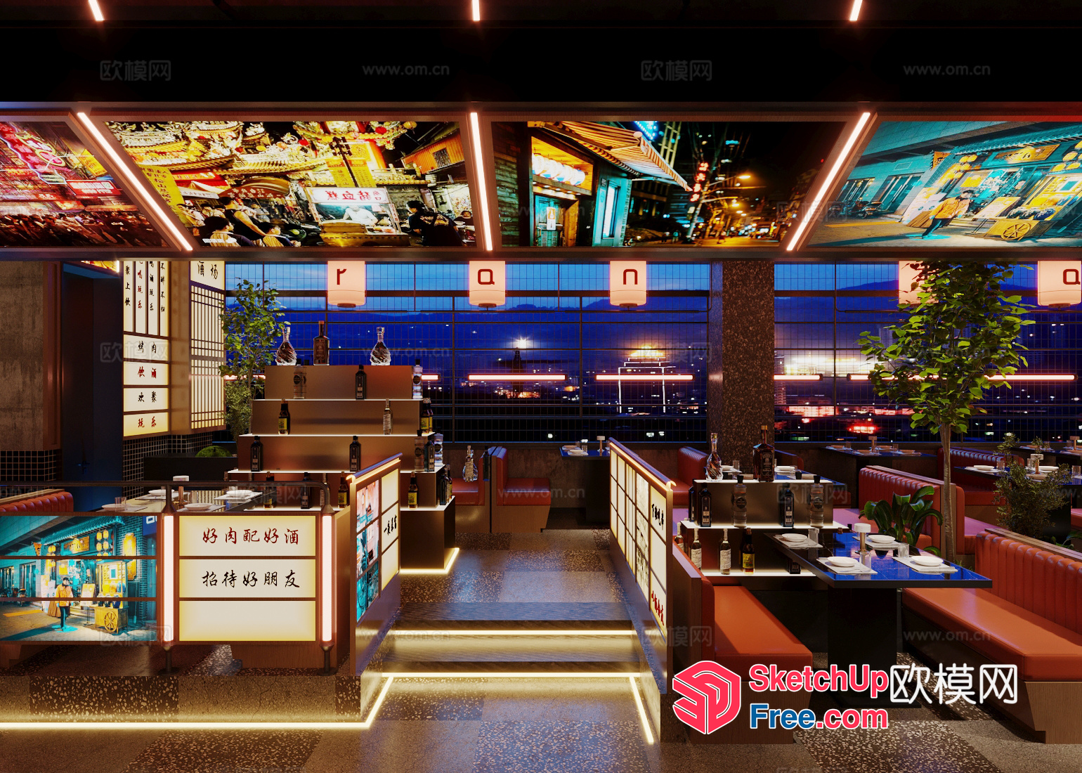 Modern Asian Restaurant Interior With Vibrant Lighting And Decor 3D SketchUp File