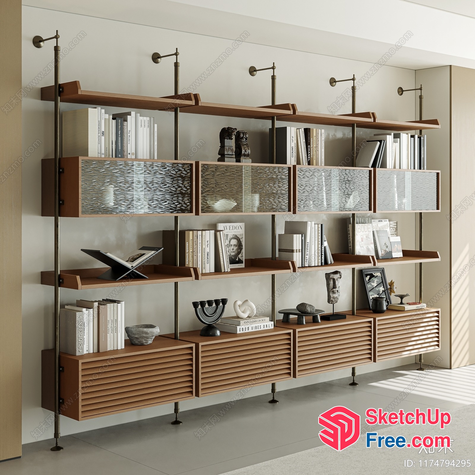 Modern Wooden Shelving Unit With Glass And Metal Accents 3D SketchUp File