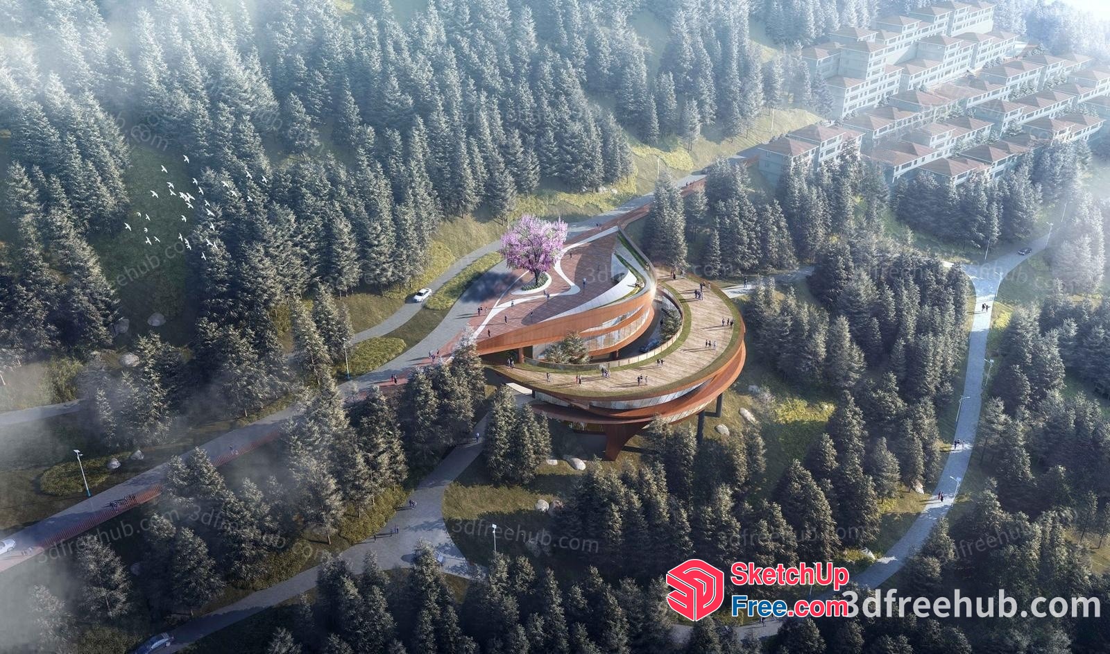 Modern Spiral Building With Natural Surroundings 3D SketchUp File