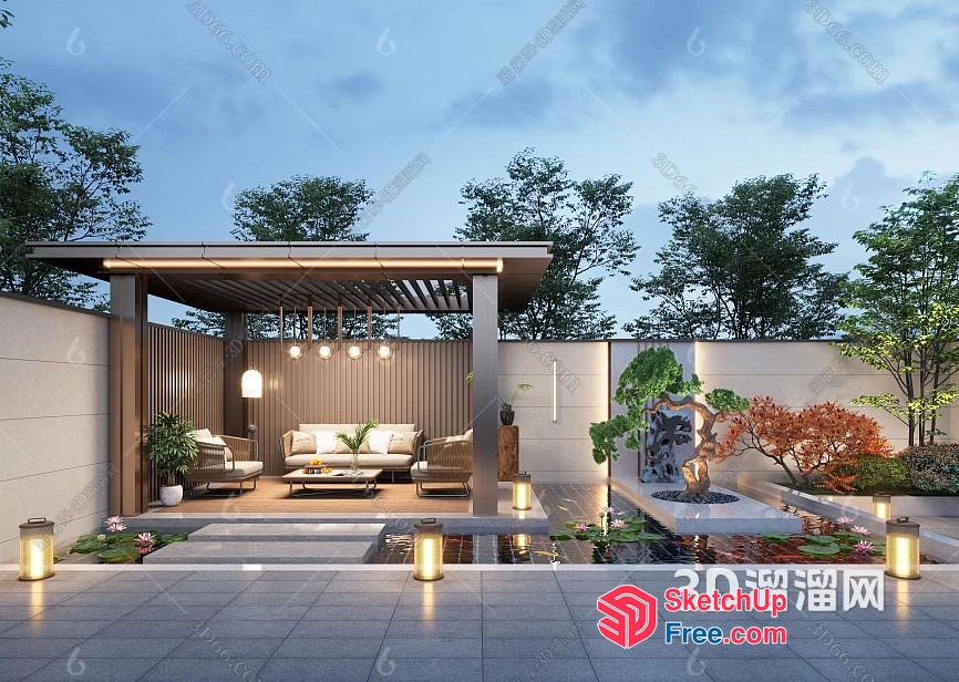 Modern Outdoor Living Space With Water Feature And Decorative Lighting 3D SketchUp File