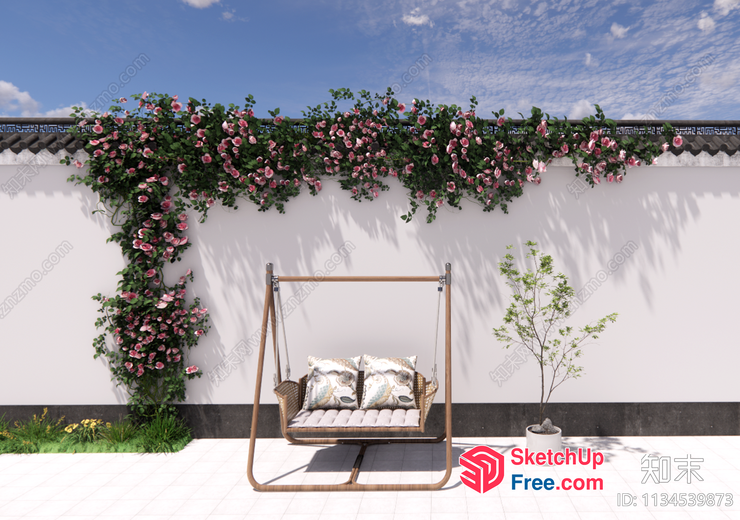 Outdoor Seating Area With Hanging Chair And Flower Vines 3D SketchUp File