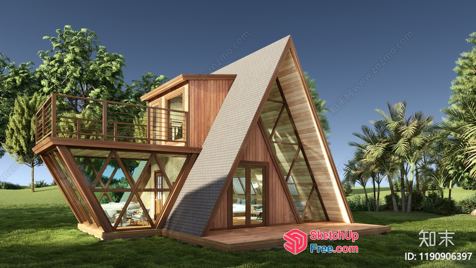 Unique A-Frame House Design With Balcony And Large Windows 3D SketchUp File