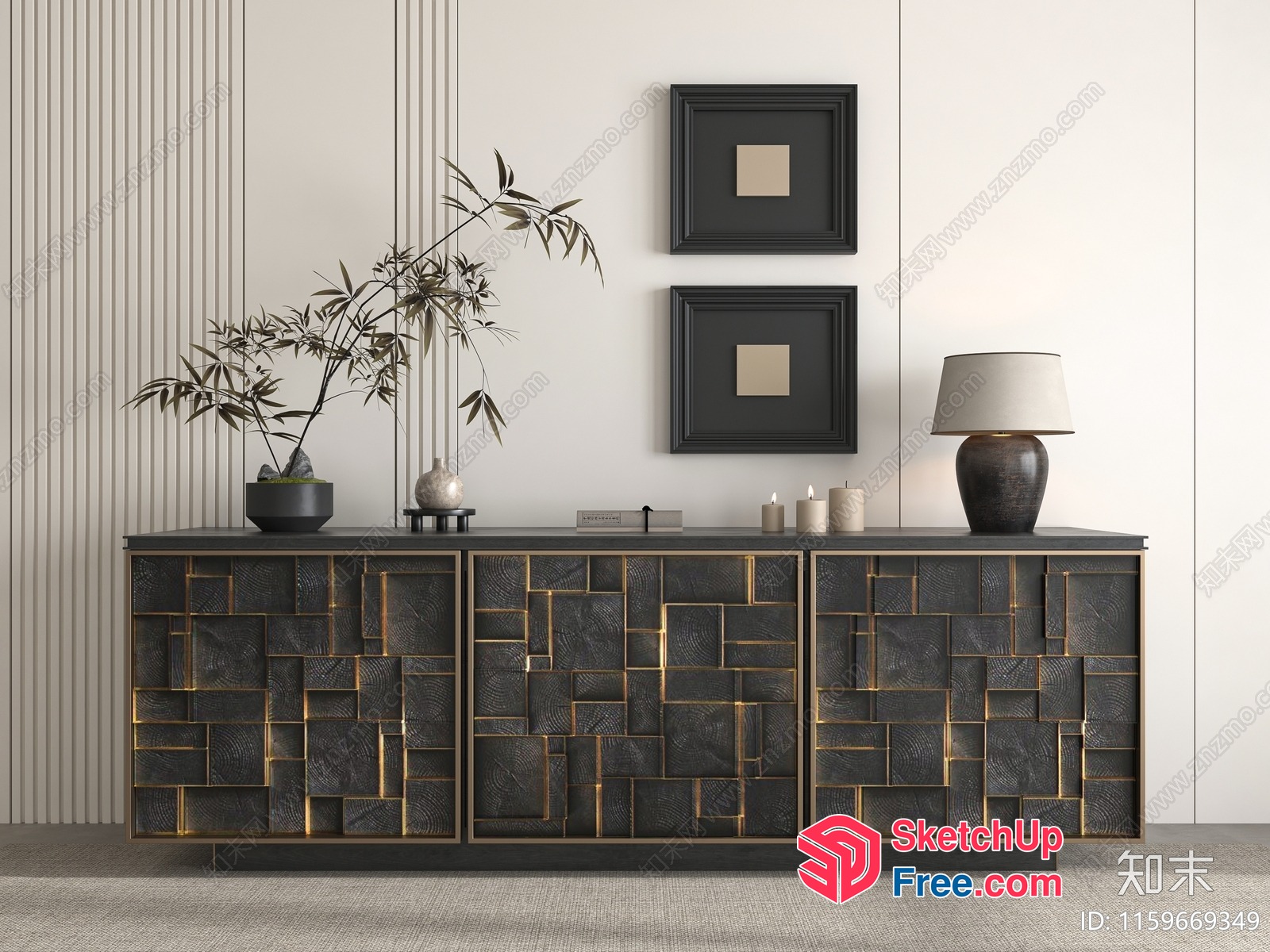 Modern Asian-Inspired Sideboard With Ornate Doors 3D SketchUp File