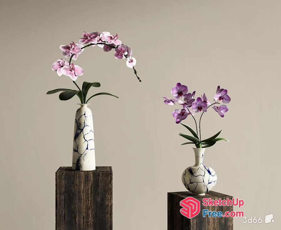 Two Orchid Vases On Wooden Pedestals 3D SketchUp File