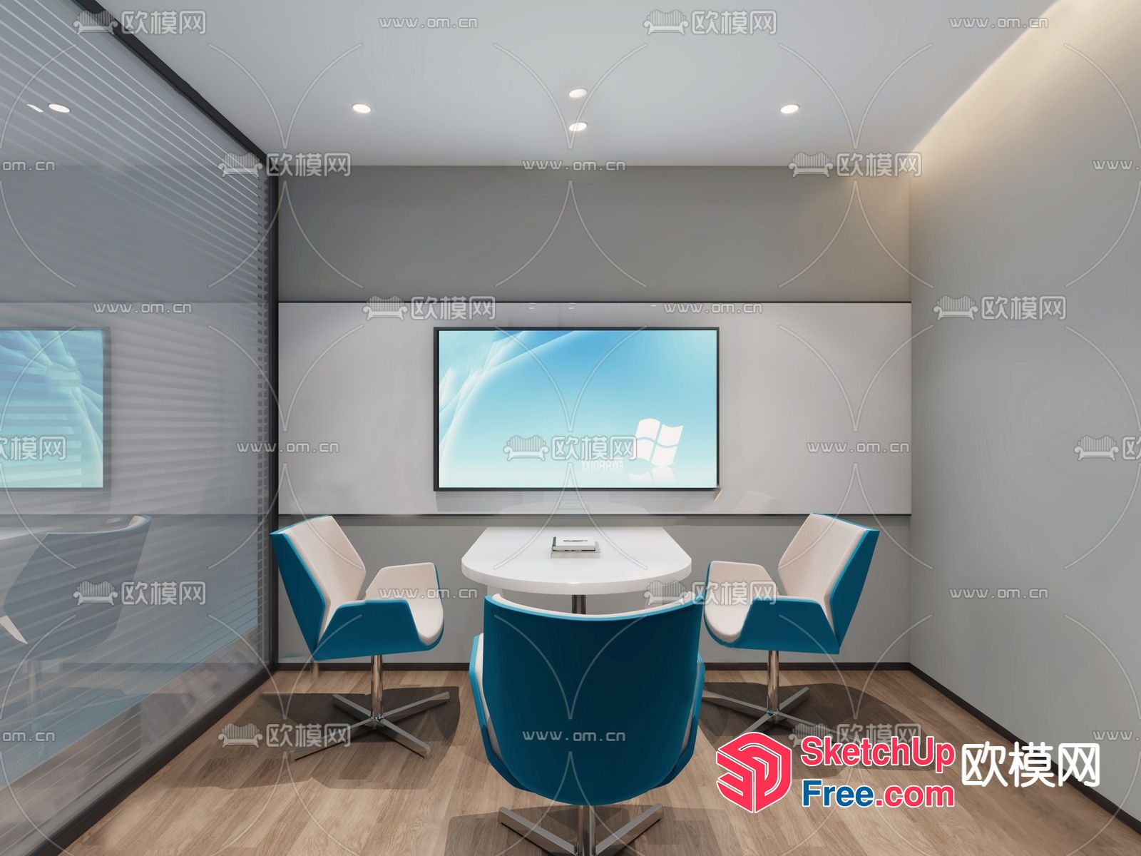 Modern Conference Room With White Table And Blue Chairs 3D SketchUp File