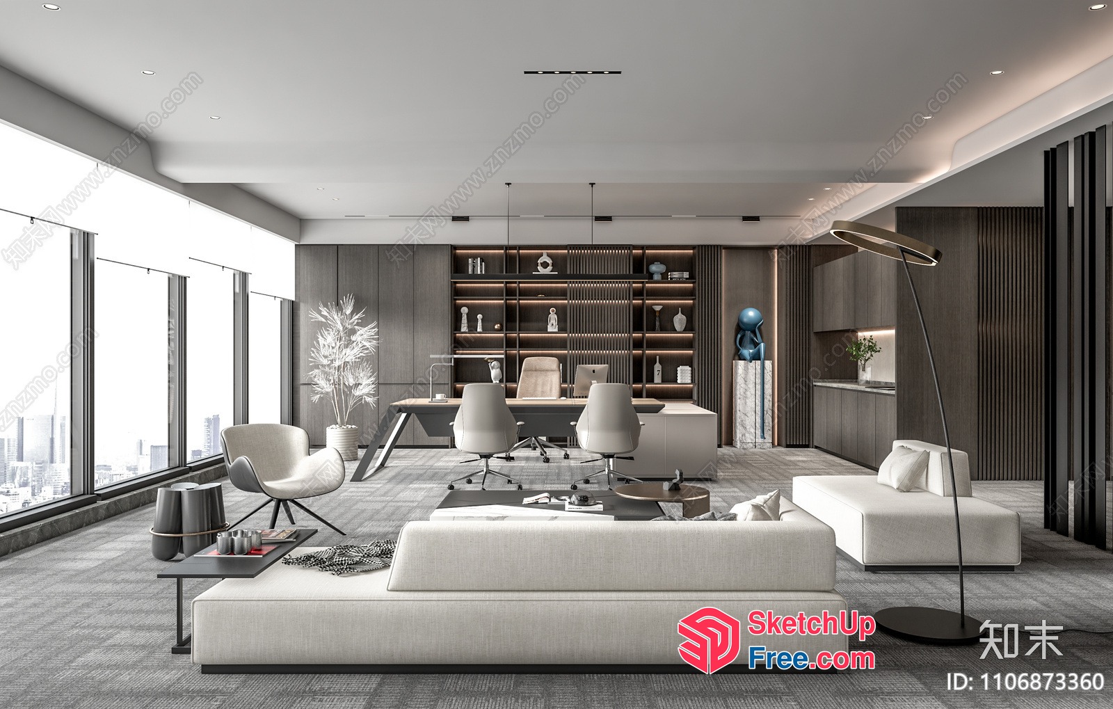 Modern Office Space With Large Windows And White Furniture 3D SketchUp File