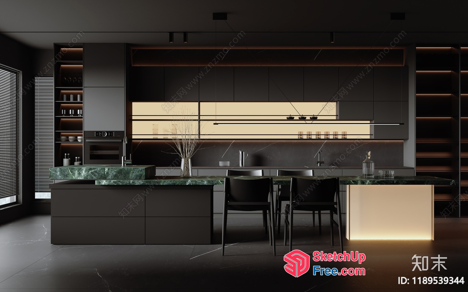 Sleek Modern Dark Kitchen With Green Marble Countertops 3D SketchUp File