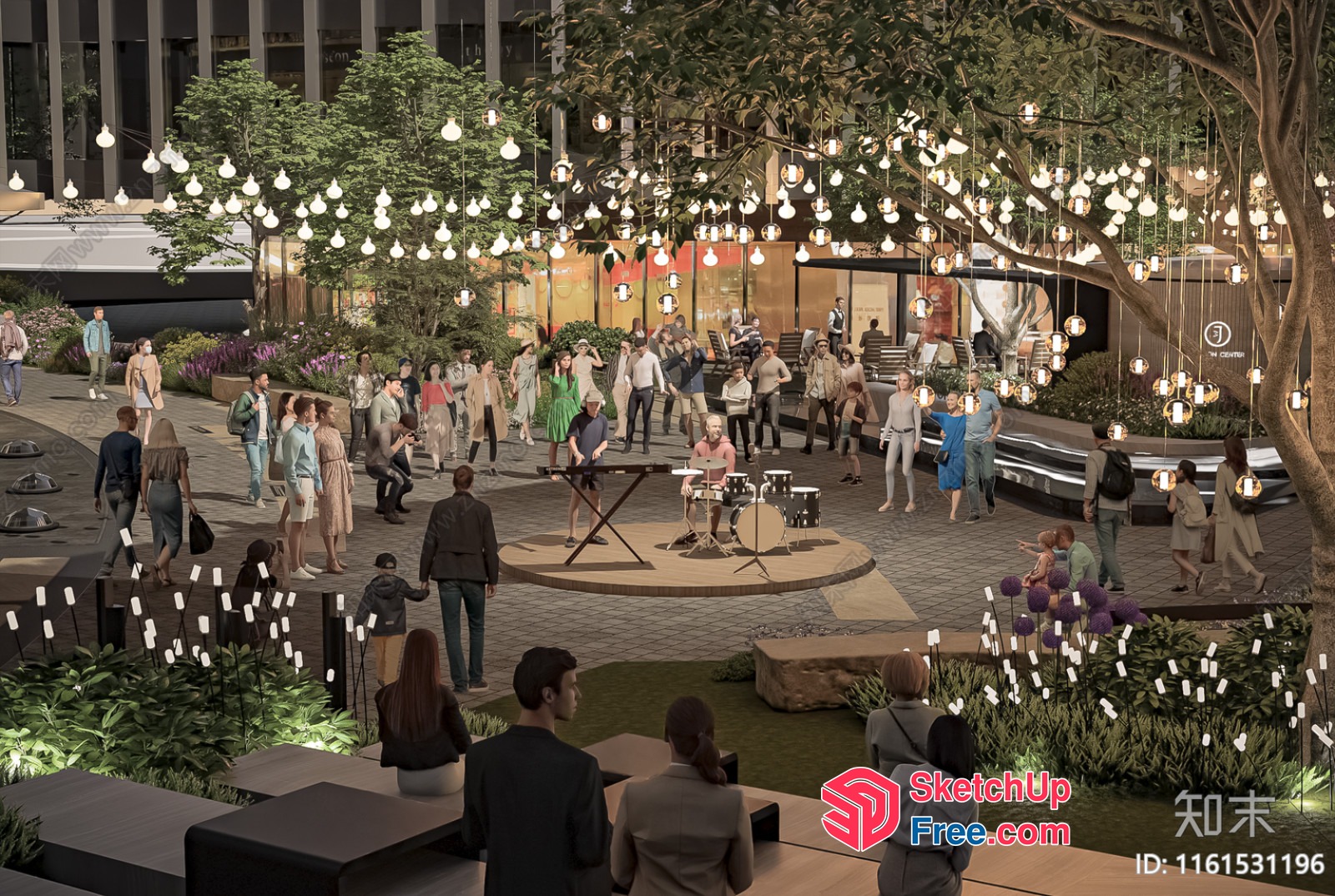 Modern Outdoor Public Space With Hanging Lights And Greenery 3D SketchUp File