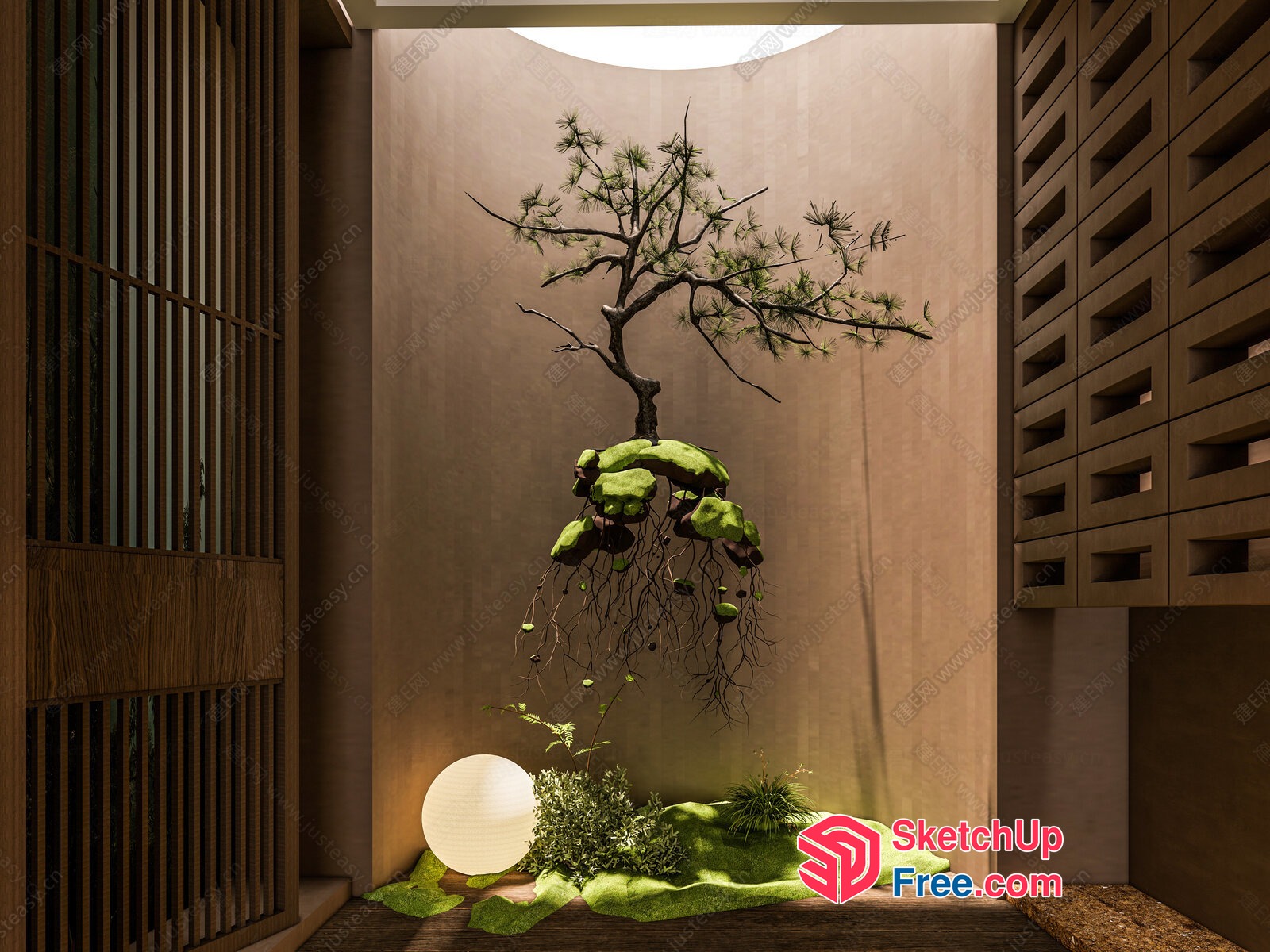 Elegant Japanese-Style Interior With Tree And Lantern 3D SketchUp File