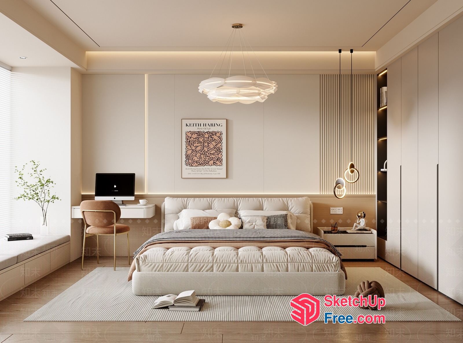 Minimalist Bedroom With Creamy Style And Pillar 3D SketchUp File