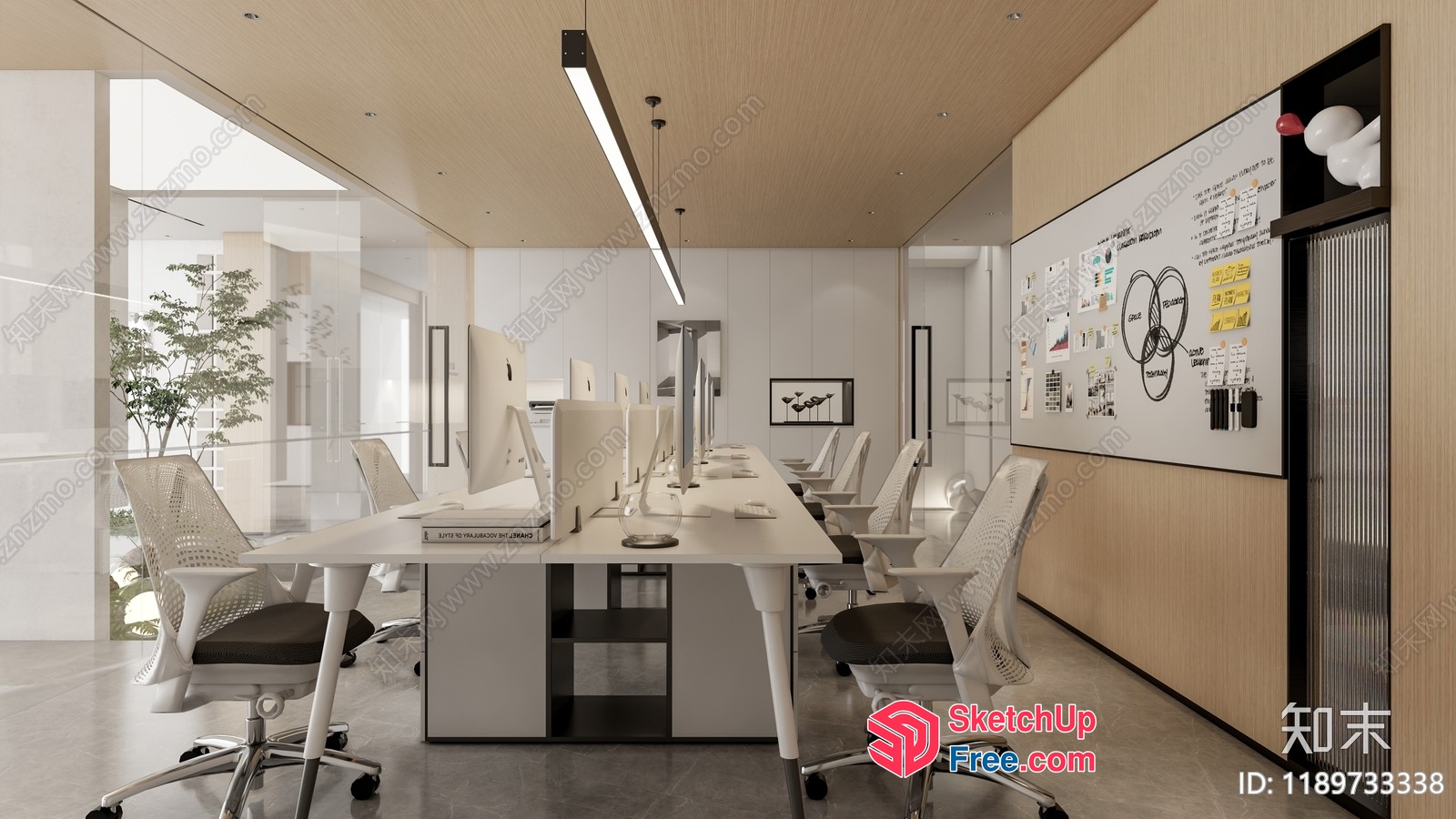 Modern Office Space With White And Wood Tones 3D SketchUp File