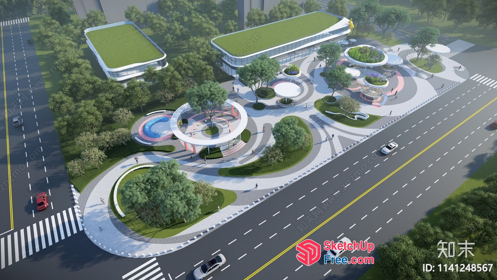 Commercial Street With Modern Buildings And Park 3D SketchUp File