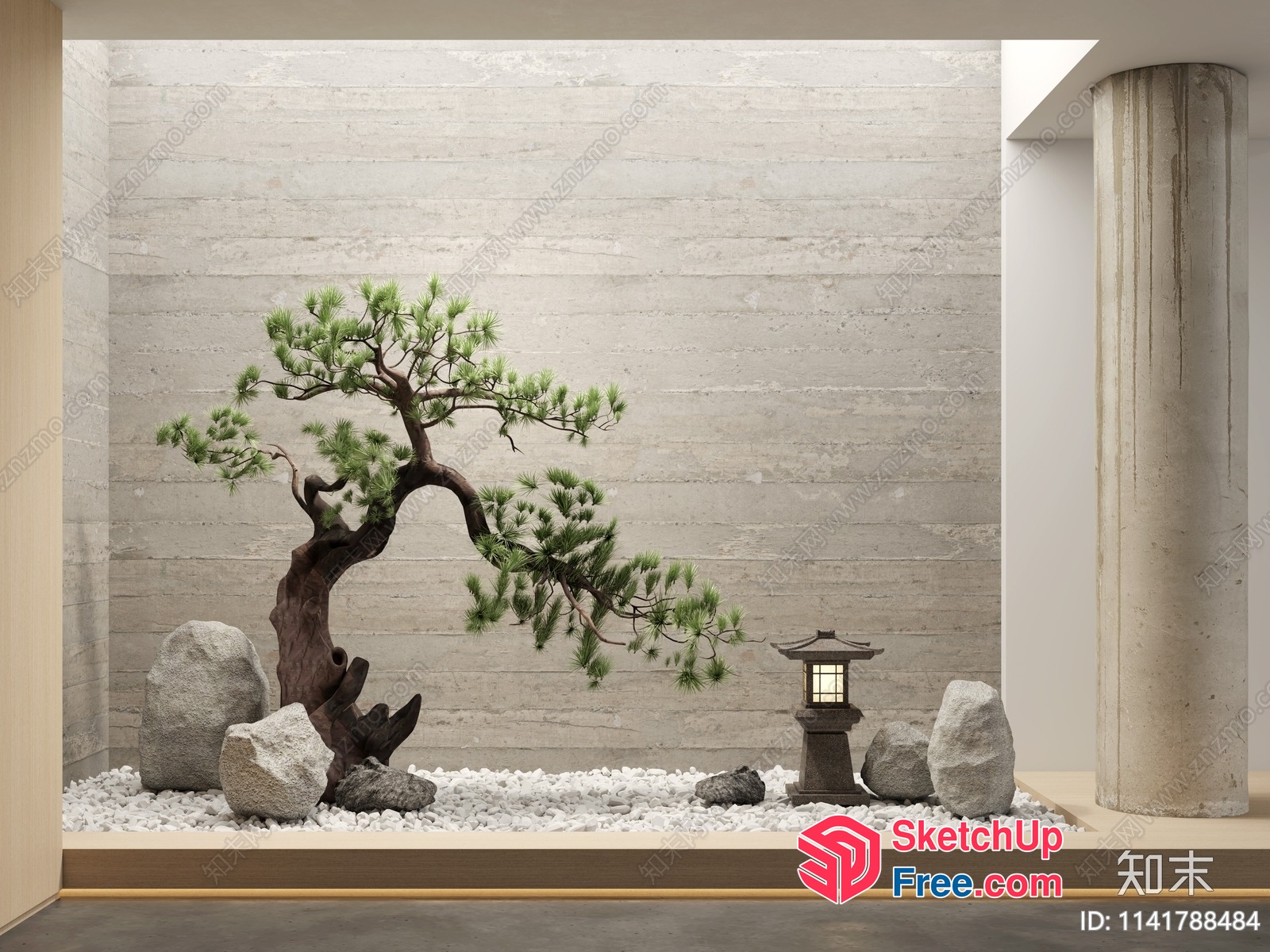 Japanese Style Interior With Pillar And Tree 3D SketchUp File