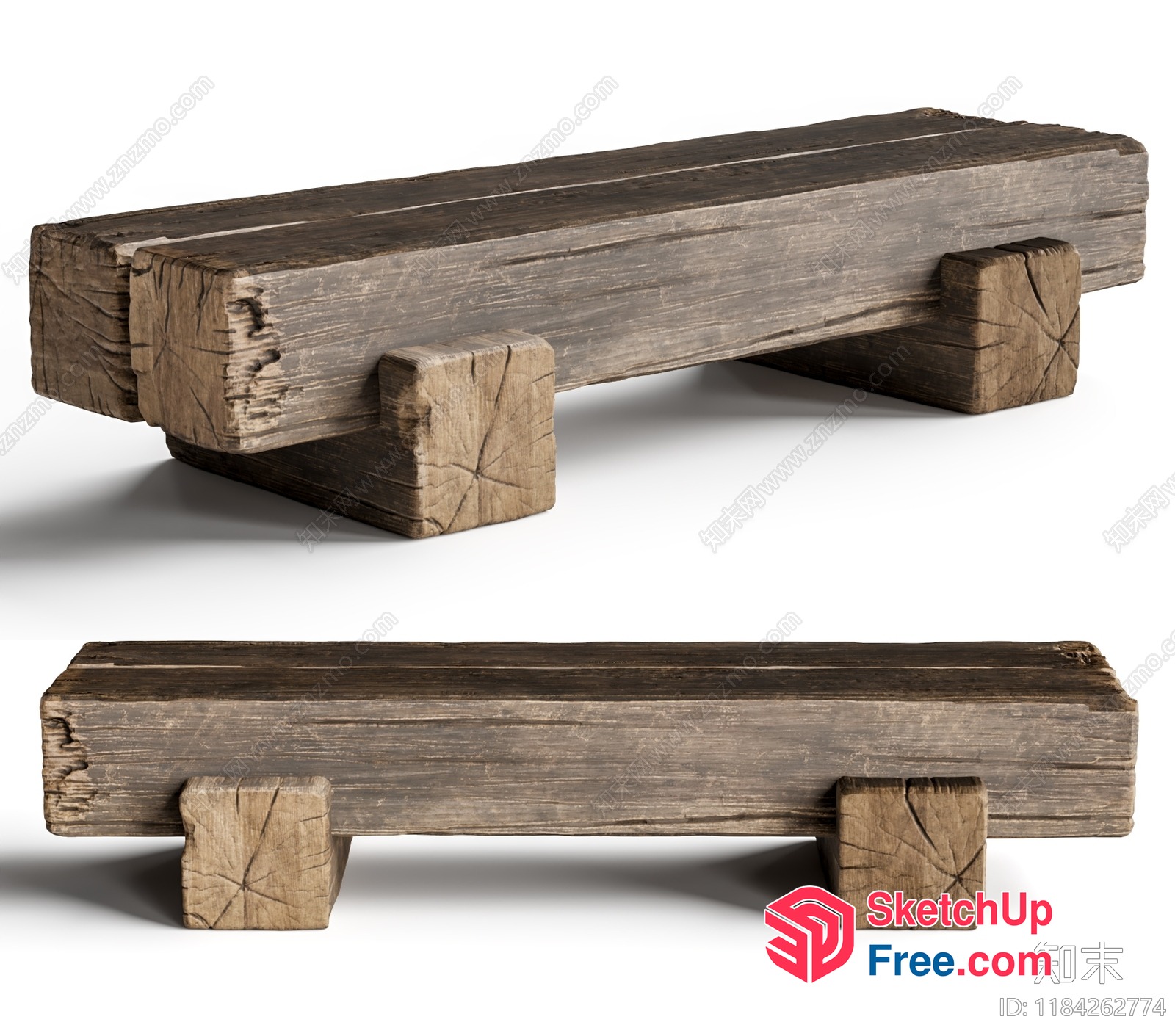 Weathered Wooden Bench With Carved Legs 3D SketchUp File