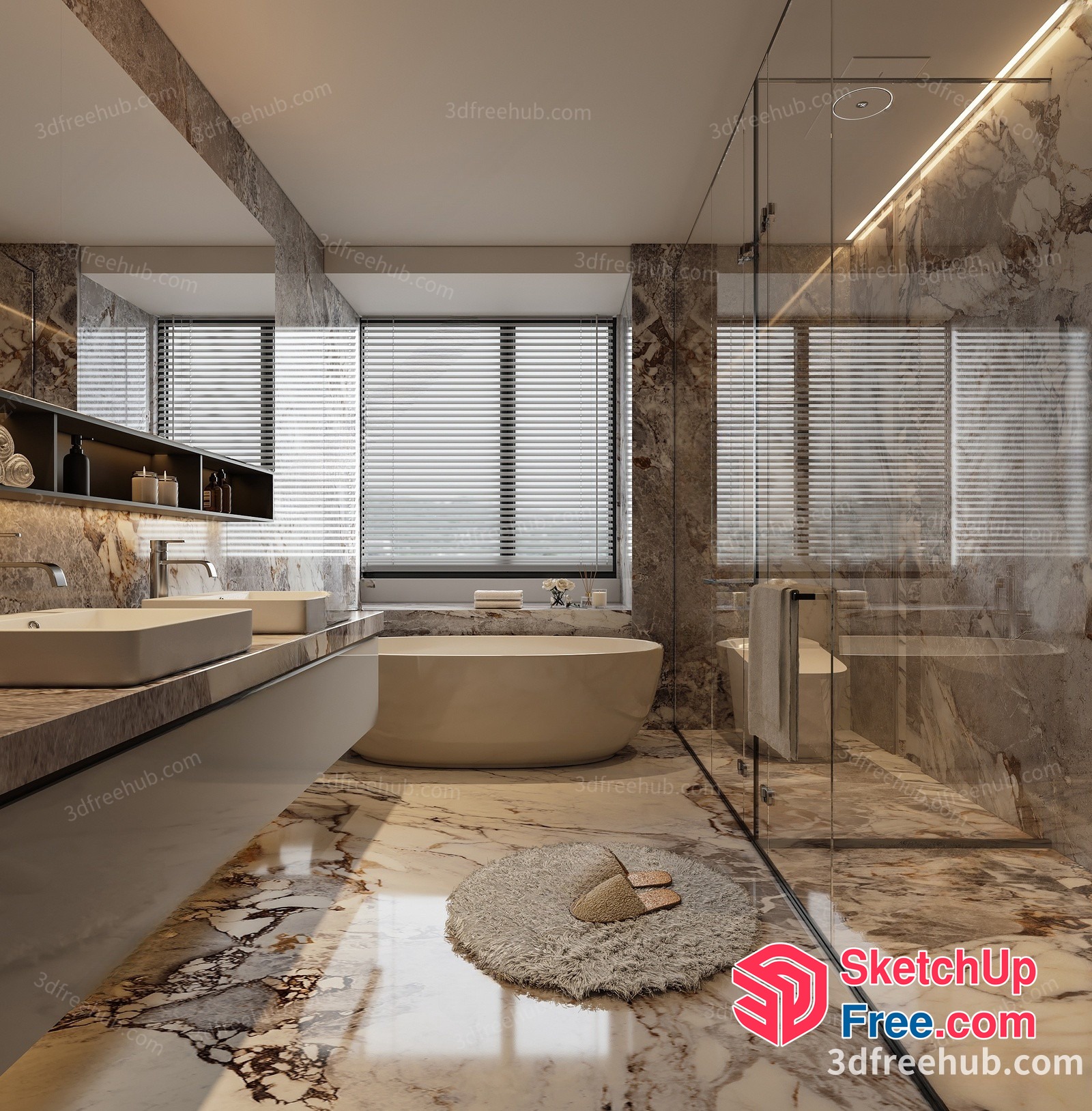 Modern Bathroom With Marble Flooring And Fixtures 3D SketchUp File