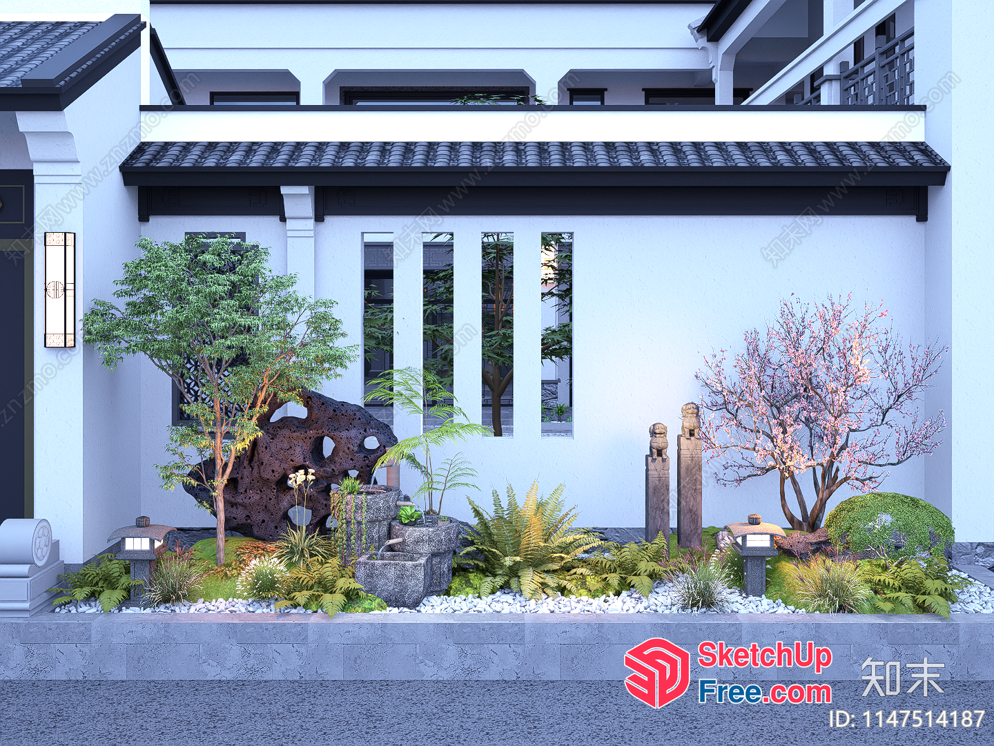 Japanese Style Garden Design With Water Feature And Stone Decor 3D SketchUp File
