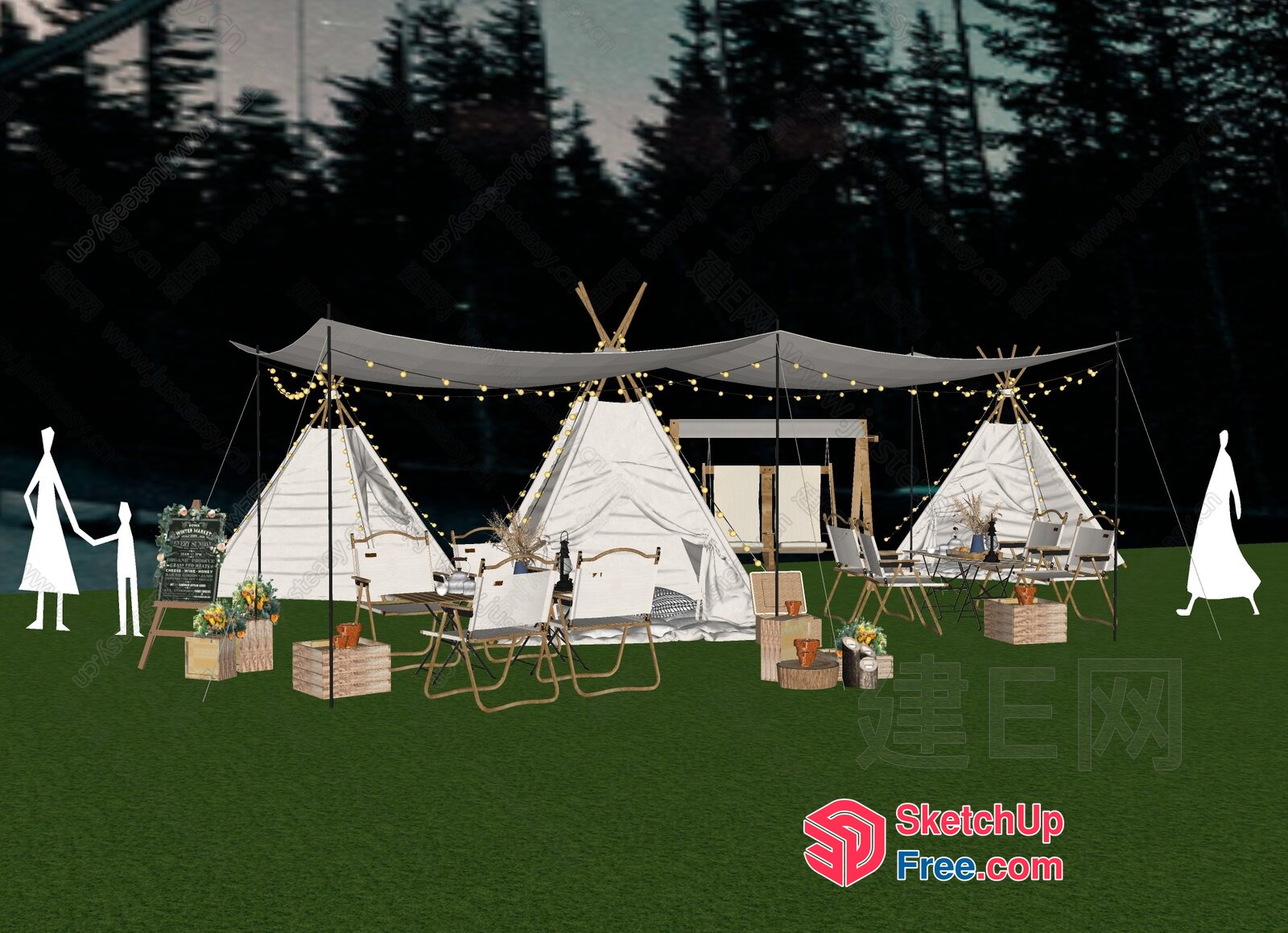 Outdoor Glamping Scene With Teepees And Furniture 3D SketchUp File