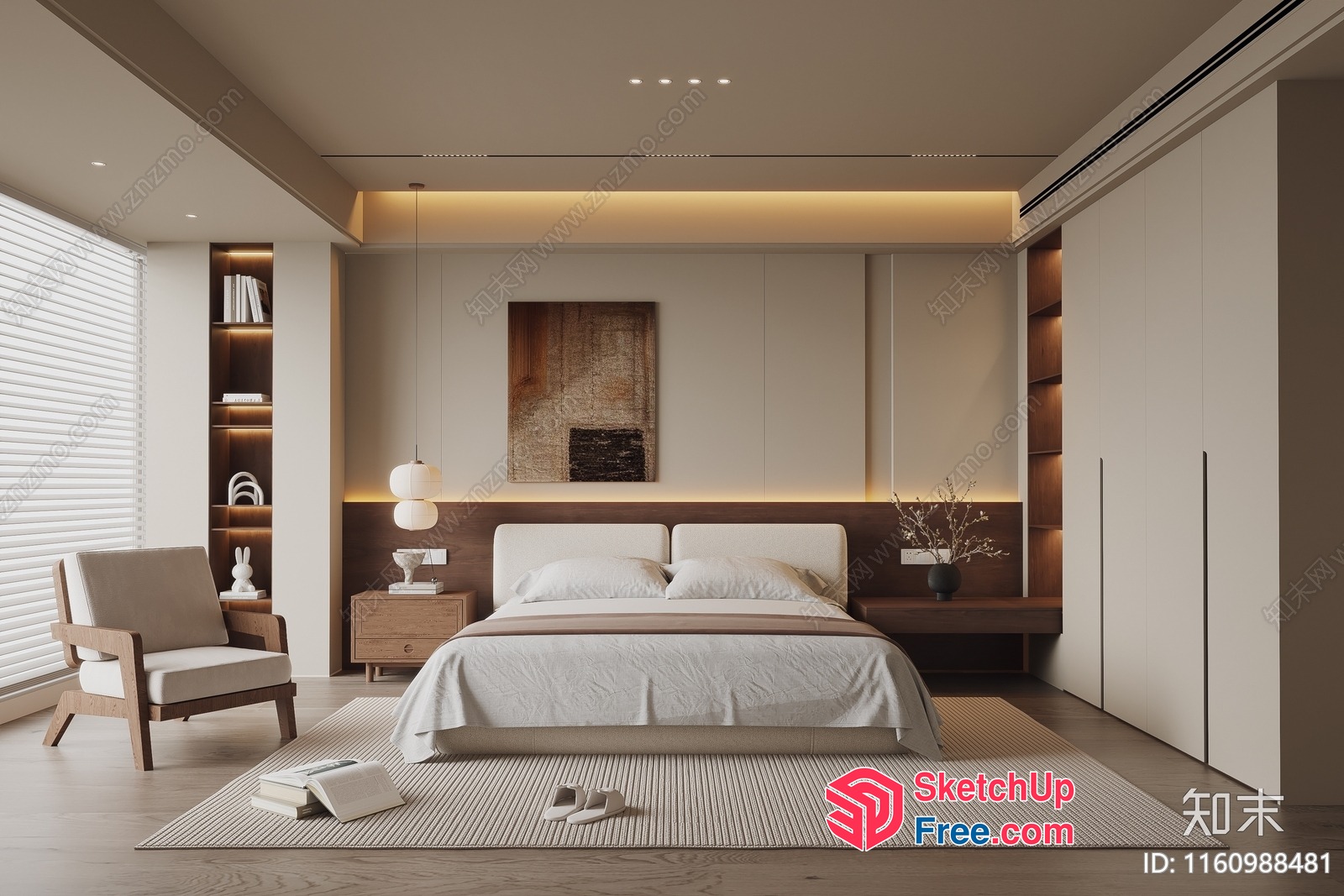 Minimalist Modern Bedroom Interior With White And Brown Color Scheme 3D SketchUp File
