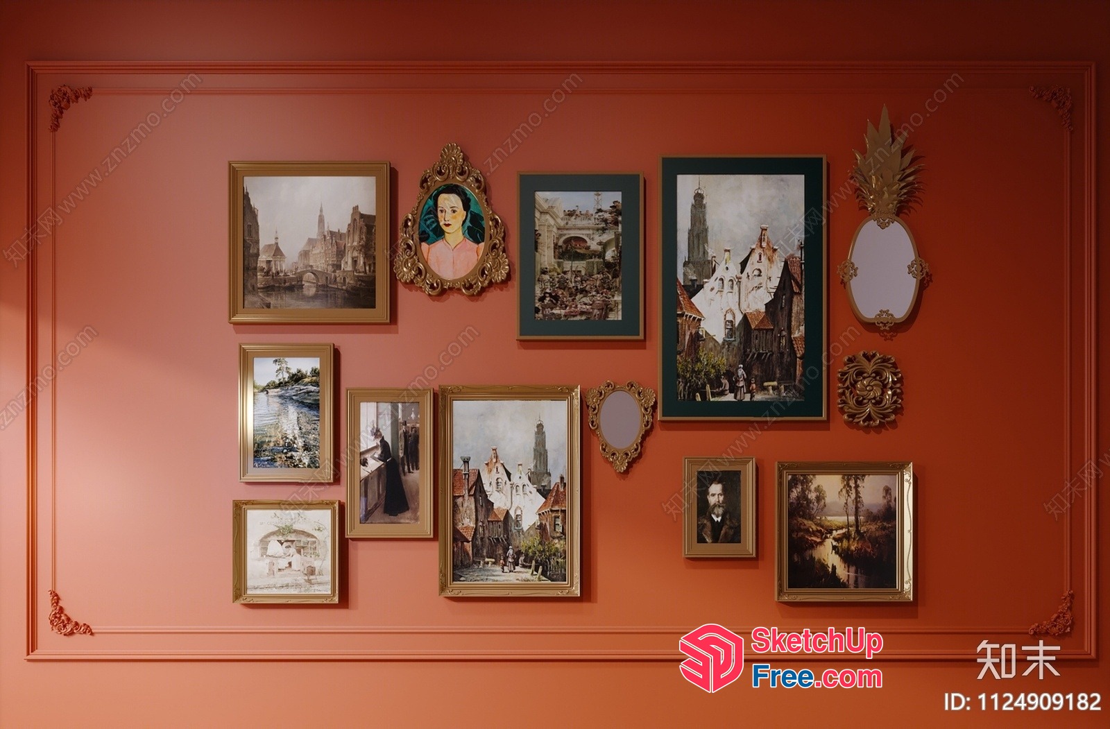 Elegant Framed Art Collection On Salmon Wall 3D SketchUp File