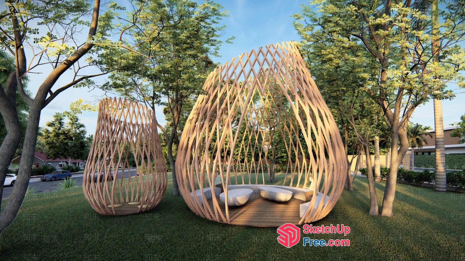 Outdoor Seating Area With Unique Wooden Structures 3D SketchUp File