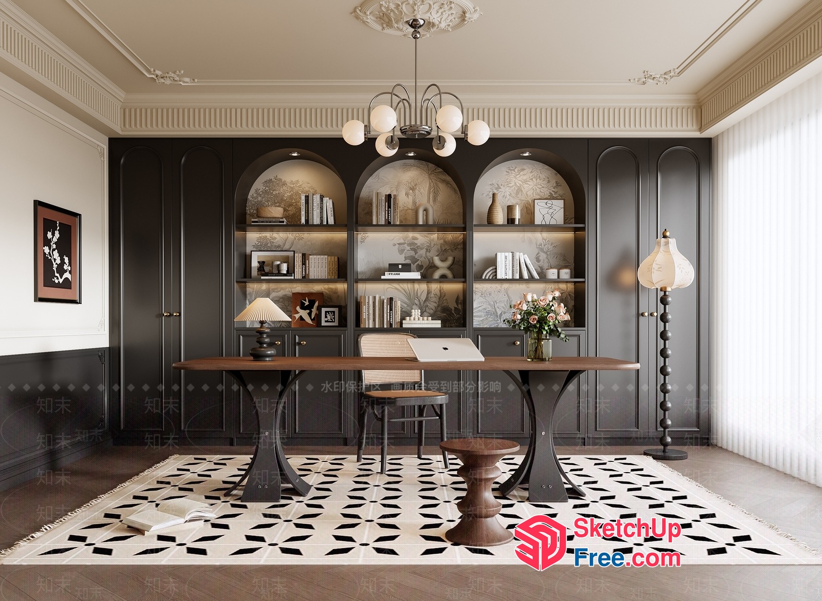 Elegant Study Room With Classic Moulding And Bookcase 3D SketchUp File