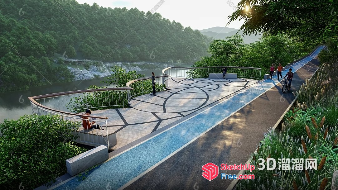 Serene Riverbank Pedestrian Walkway 3D SketchUp File